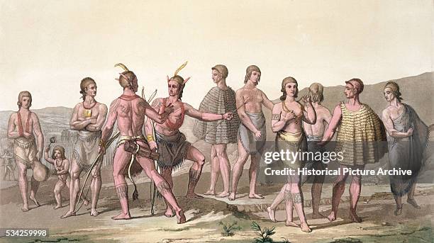 Print of a native American women and men with bows and arrows by G. Gallina.