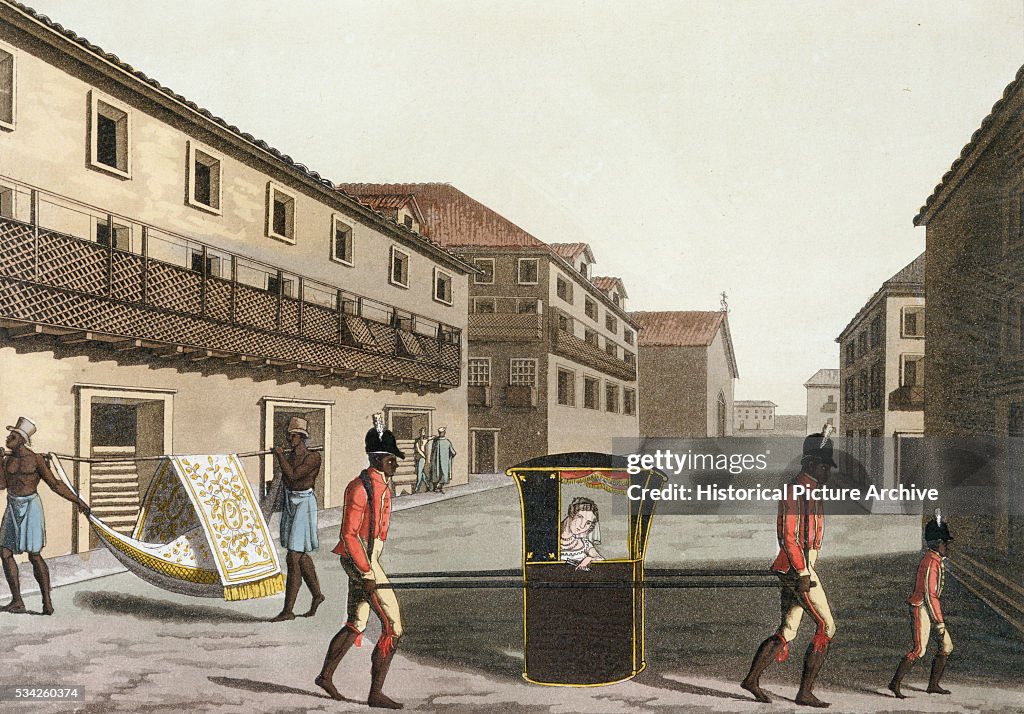 Engraving Depicting Liveried Slaves Carrying a Sedan Chair in the District of San Sebastiano, Brazil by J. Fumagalli