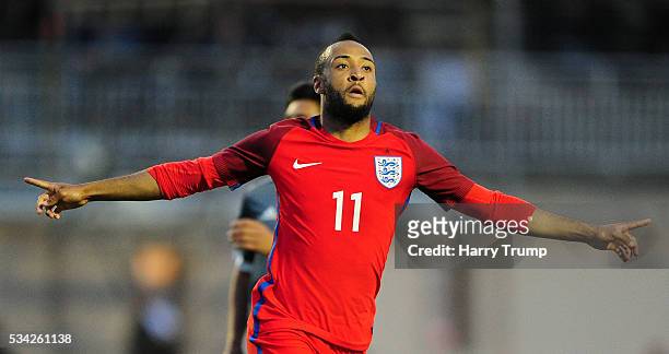 Nathan Redmond of England celebrates after scoring his sides fourth goal during the Toulon Tournament match between Paraguay and England at Stade...