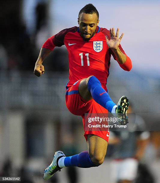 Nathan Redmond of England celebrates after scoring his sides fourth goal during the Toulon Tournament match between Paraguay and England at Stade...