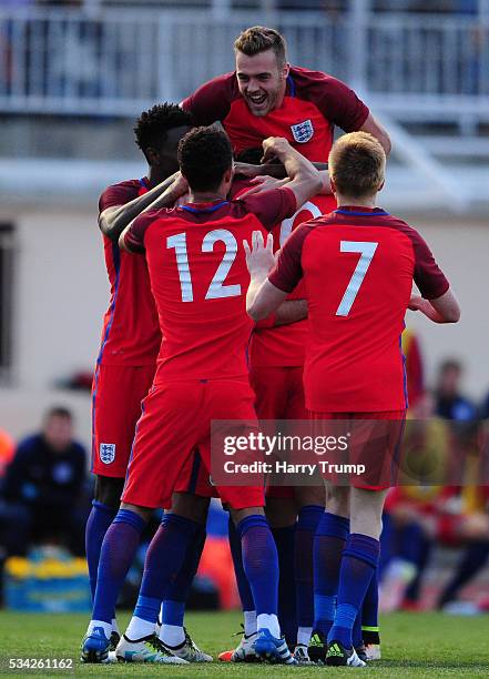The England team celebrate as Ruben Loftus-Cheek of England scores his sides second goal during the Toulon Tournament match between Paraguay and...
