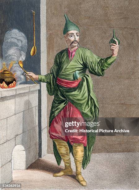 Print of an early 18th century engraving by Le Hay of a lord's chef from the nations of the Levant, within the Ottoman Empire.