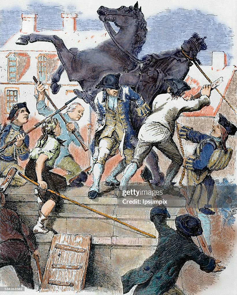 American revolutionaries toppling statue of King George III