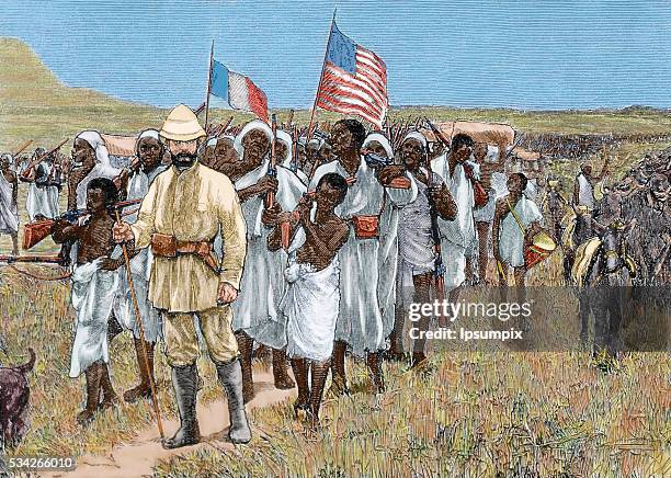 European expedition exploring Unyoro area on the African continent. Engraving, 1880. Colored.