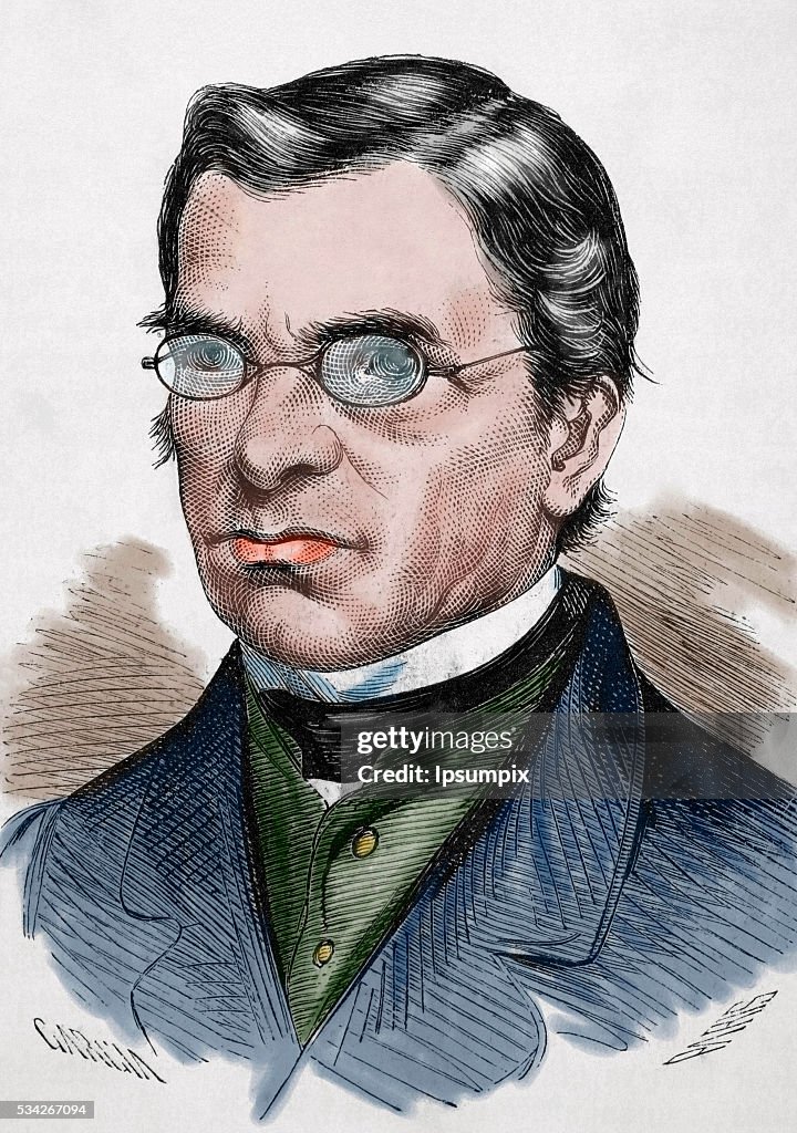 Emile Littre (1801-1881). French lexicographer and philosopher. Engraving. Colored.