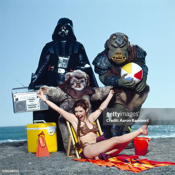 Carrie Fisher on Stinson Beach in Northern California with the cast of Star Wars.