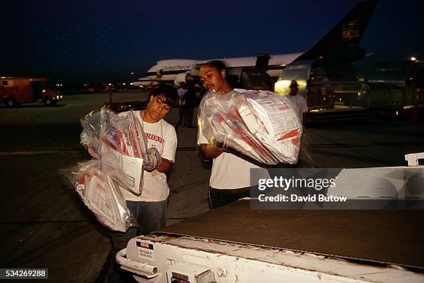 Two UPS employees at work at the company's West Coast Air Hub in Ontario, California.
