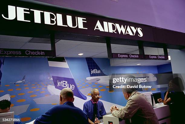 The ticket counter of the discount airlines JetBlue sees brisk business at Long Beach International Airport.