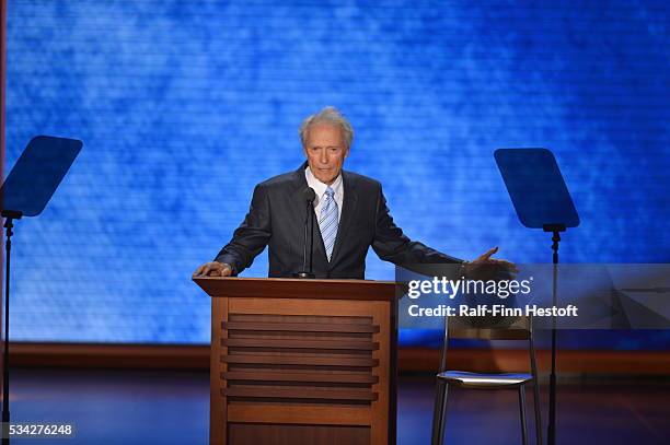 Actor Clint Eastwood speaks to an empty chair representing President Obama at the Republican National Convention in Tampa, Florida.