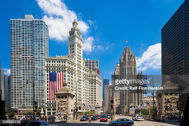 View looking north down Michigan Avenue showing the Wrigley Building and the Chicago Tribune Tower.