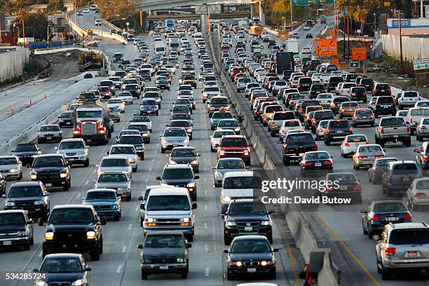 Traffic is backed up during evening rush hour on the I-405 San Diego Freeway on the city's west side near the I-10 interchange. This section of the...