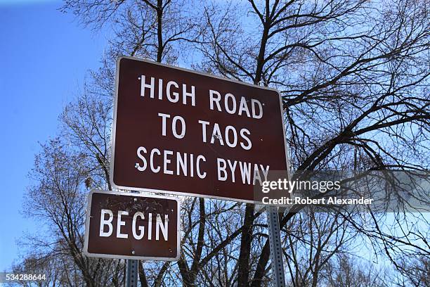 Sign identifies the beginning of the High Road to Taos, on February 27, 2016. The scenic 56-mile route winds between Nambe and Taos, New Mexico.