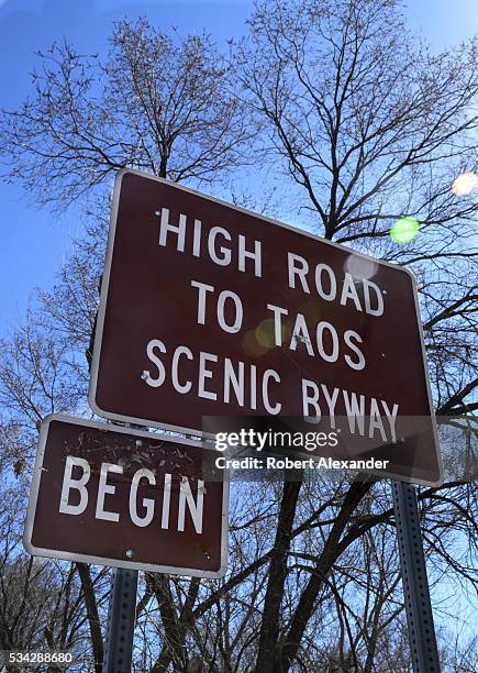Sign identifies the beginning of the High Road to Taos, on February 27, 2016. The scenic 56-mile route winds between Nambe and Taos, New Mexico.