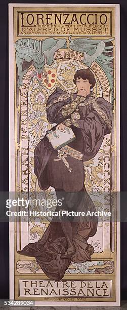 Poster by Alphonse Marie Mucha features Sarah Bernhardt in the title role of Lorenzaccio, from a play by Alfred de Musset. "