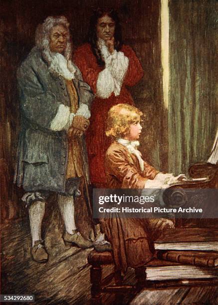 In silence they waited while Handel played. Illustration by A.C. Michael . Color lithograph. Located in a private collection.
