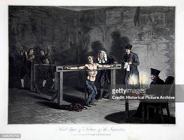 "One of four scenes of Inquisition torture: the victim is stripped and an iron chain pulled against his chest until it breaks through the flesh to...