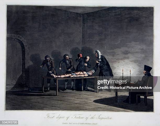 "One of four scenes of Inquisition torture: the victim is bound on a table where his torturers have easy access to whichever part of him they are...