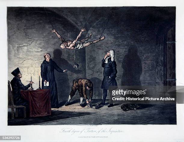 "One of four scenes of Inquisition torture: the victim is suspended in the air, with weights attached to his body, dislocating his spine and...