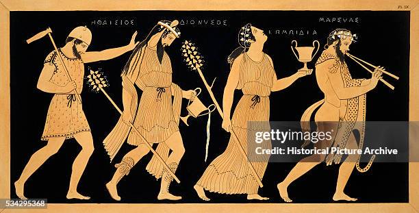 19th Century Antique Vase Illustration of Dionysus and Three Figures