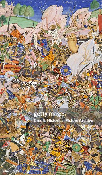 "This miniature painting is an illustration to a version of Akbarnama. It depicts the Battle prior to the capture of the Fort at Bundi, Rajasthan in...