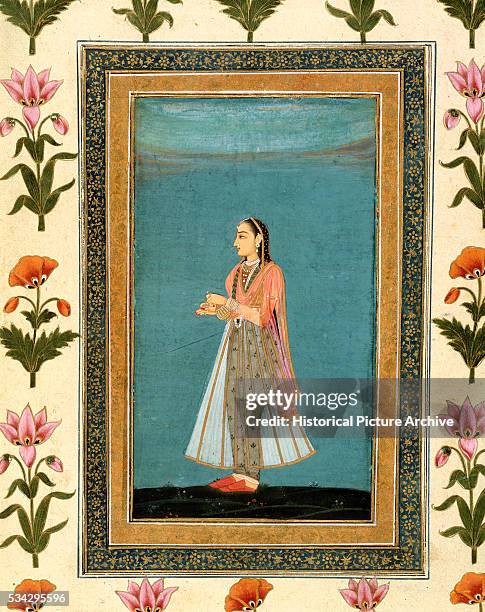 Mughal Miniature Painting Depicting a Lady Holding a Wine Flask and a Cup