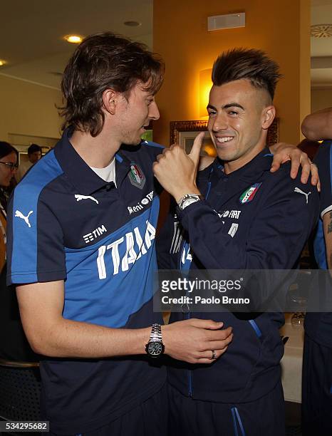 Riccardo Montolivo and Stephan El Shaarawy attend Italian Football Federation Sponsor's Day at Coverciano on May 24, 2016 in Florence, Italy.