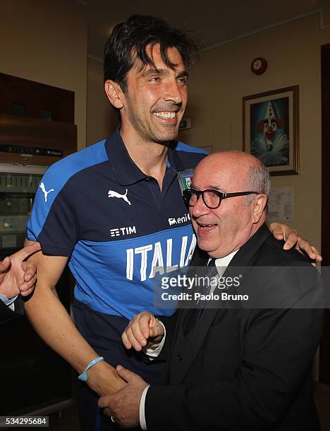 Gianluigi Buffon and FIGC President Carlo Tavecchio attend Italian Football Federation Sponsor's Day at Coverciano on May 24, 2016 in Florence, Italy.