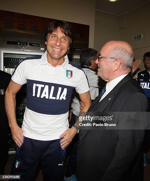 Coach Antonio Conte and FIGC President Carlo Tavecchio attend Italian Football Federation Sponsor's Day at Coverciano on May 24, 2016 in Florence,...