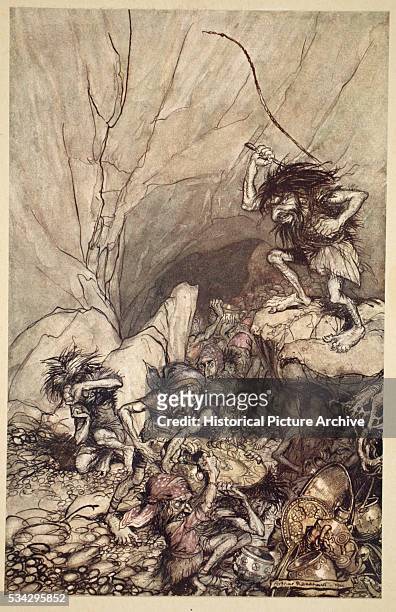 "Alberich makes the Nibelung bring his treasures to the cave so he can survey his booty. Illustration by Arthur Rackham from ""The Rhinegold and The...