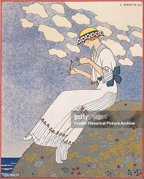 "20th-century French fashion illustration by Georges Barbier with a young women determining her fate with ""he loves me, he loves me not."" "