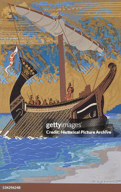 The Ship of Odysseus with Oars and a Furled Sail by Francois-Louis Schmied