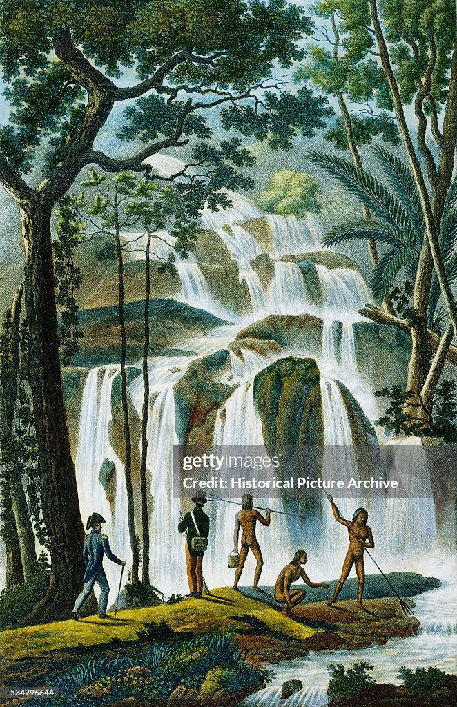 Color Print Depicting French Expedition Members with Polynesians at Cascade of Port Praslin by Louis Isidore Duperrey