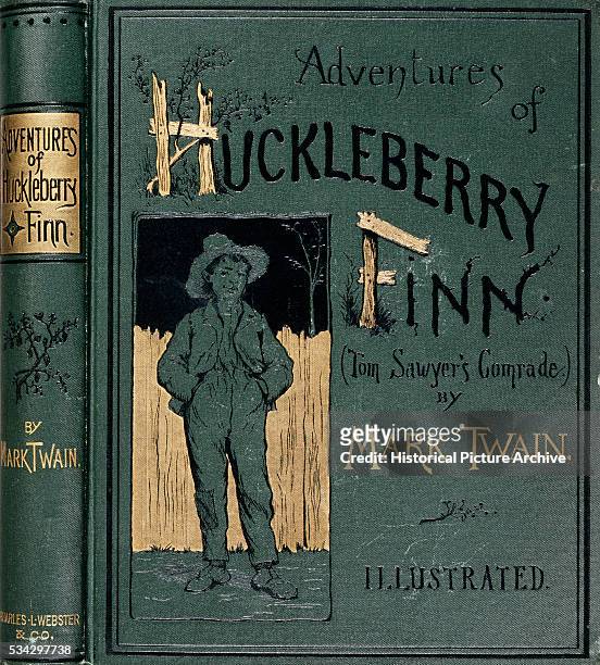 Embossed book cover for Adventures of Huckleberry Finn showing Huck, friend of Tom Sawyer. "