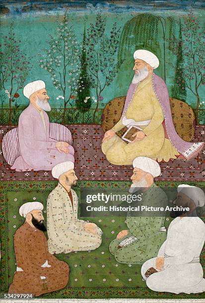 Miniature Painting of Seated Muslim Holy Men on Garden Terrace