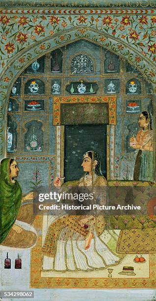 Miniature Painting of Seated Lady with Attendants in a Pavilion at Night
