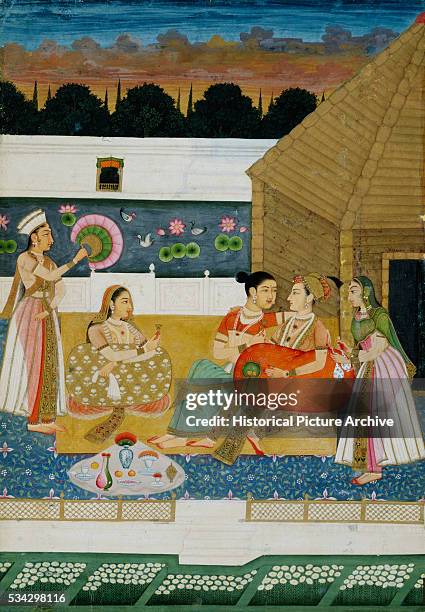 Miniature Painting of Couple on Terrace at Sunset with Food and Dancer