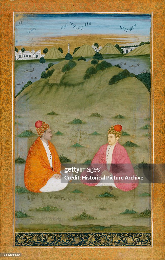Mughal Miniature Painting Depicting Two Men Seated in a Landscape