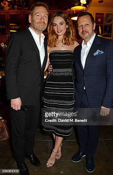 Sir Kenneth Branagh, Lily James and Rob Ashford attend the press night after party for The Kenneth Branagh Theatre Company's "Romeo And Juliet" at...