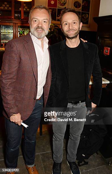 Graham Norton and Jeremy Langmead attend the press night after party for The Kenneth Branagh Theatre Company's "Romeo And Juliet" at The The National...