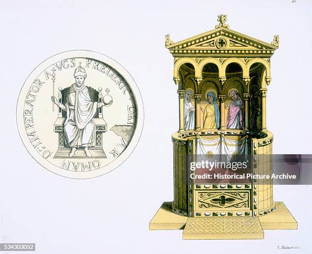 Illustration of Frederick Barbarossa Coin and His Throne by Raineri