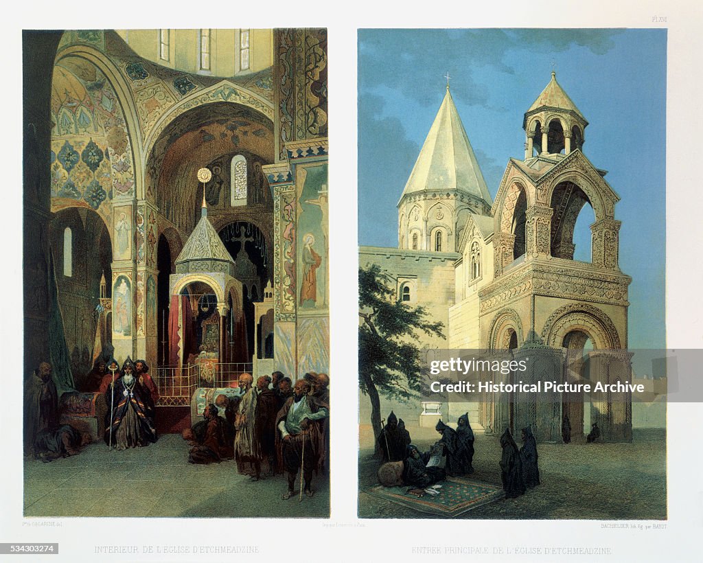 Lithograph Depicting Interior and Exterior Views of Etchmiadzin Church by Adolph Jean-Baptiste Bayot After Jean Jacques