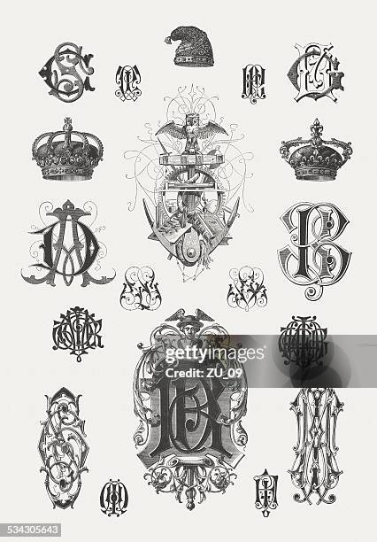 monograms, designed by martin gerlach (1846-1918), wood engravings, published 1882 - venice california stock illustrations