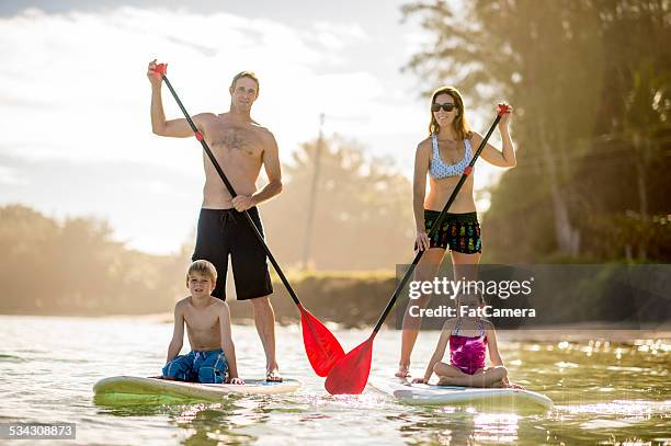 sup - stand up paddleboarding family - fat guy on beach 個照片及圖片檔