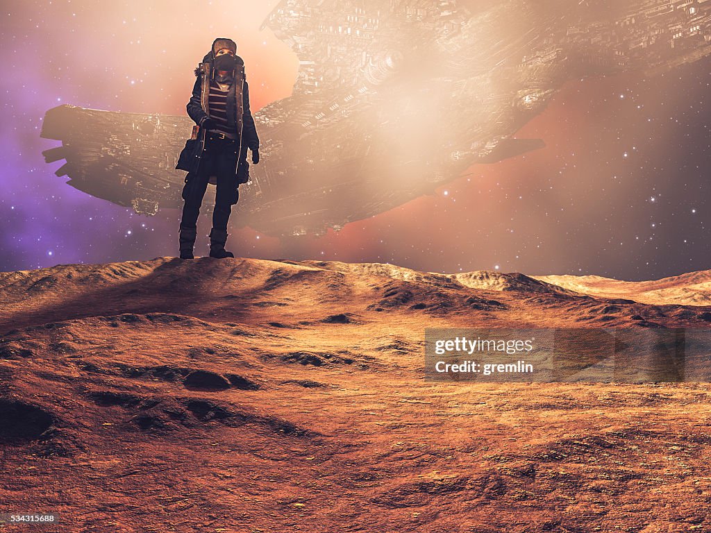 Explorateur de Steampunk le lointain planète, Vaisseau spatial, sur le désert