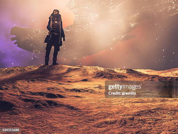 steampunk explorer on distant planet, spaceship, desert - fantasy female stock pictures, royalty-free photos & images