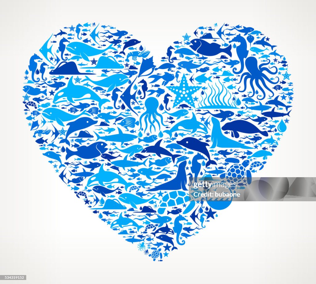 Heart shape Ocean and Marine Life Blue Icon Pattern