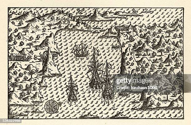 historical map of van noort at rio de janeiro, 1598 - co pilot stock illustrations