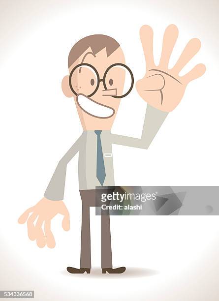 stockillustraties, clipart, cartoons en iconen met businessman with four finger up, gesturing number 4 (hand sign) - ambtenaar