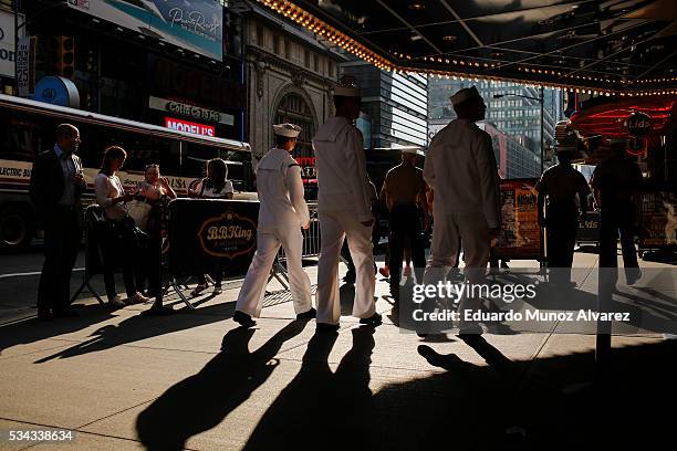 Sailors walk around Times Square during Fleet Week on May 25, 2016 in New York City. Nearly 4,500 Sailors, Marines and Coast Guardsmen will...