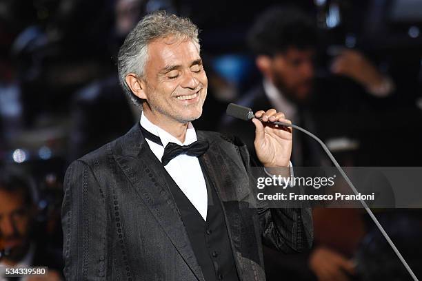 Andrea Bocelli performs at Bocelli and Zanetti Night on May 25, 2016 in Rho, Italy.